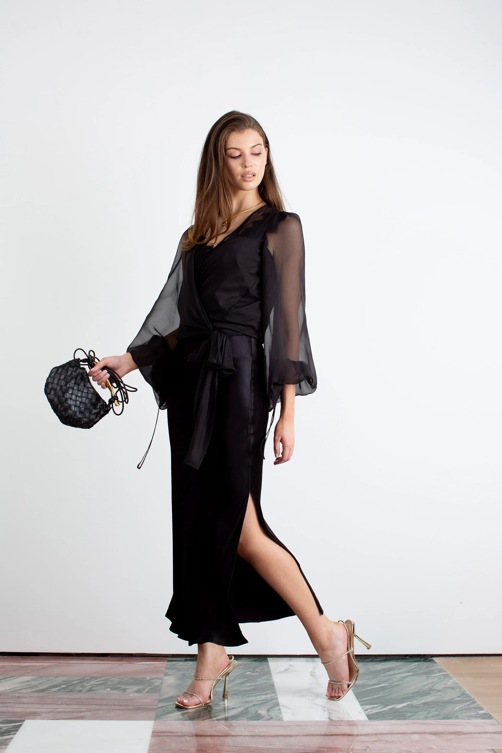 "The Orla" - Satin Midi Skirt (Black) - Image 4